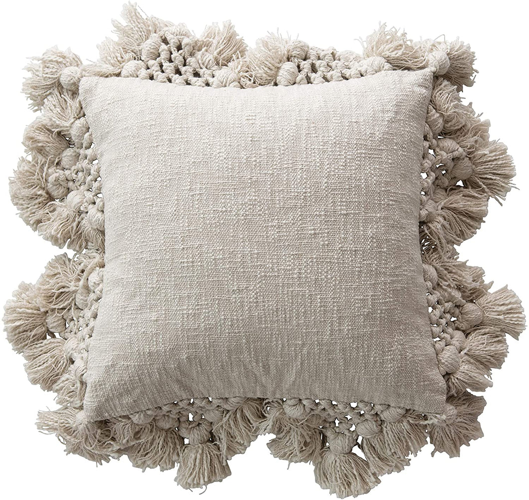 Square Cotton Slub Pillow w/ Crochet & Tassles